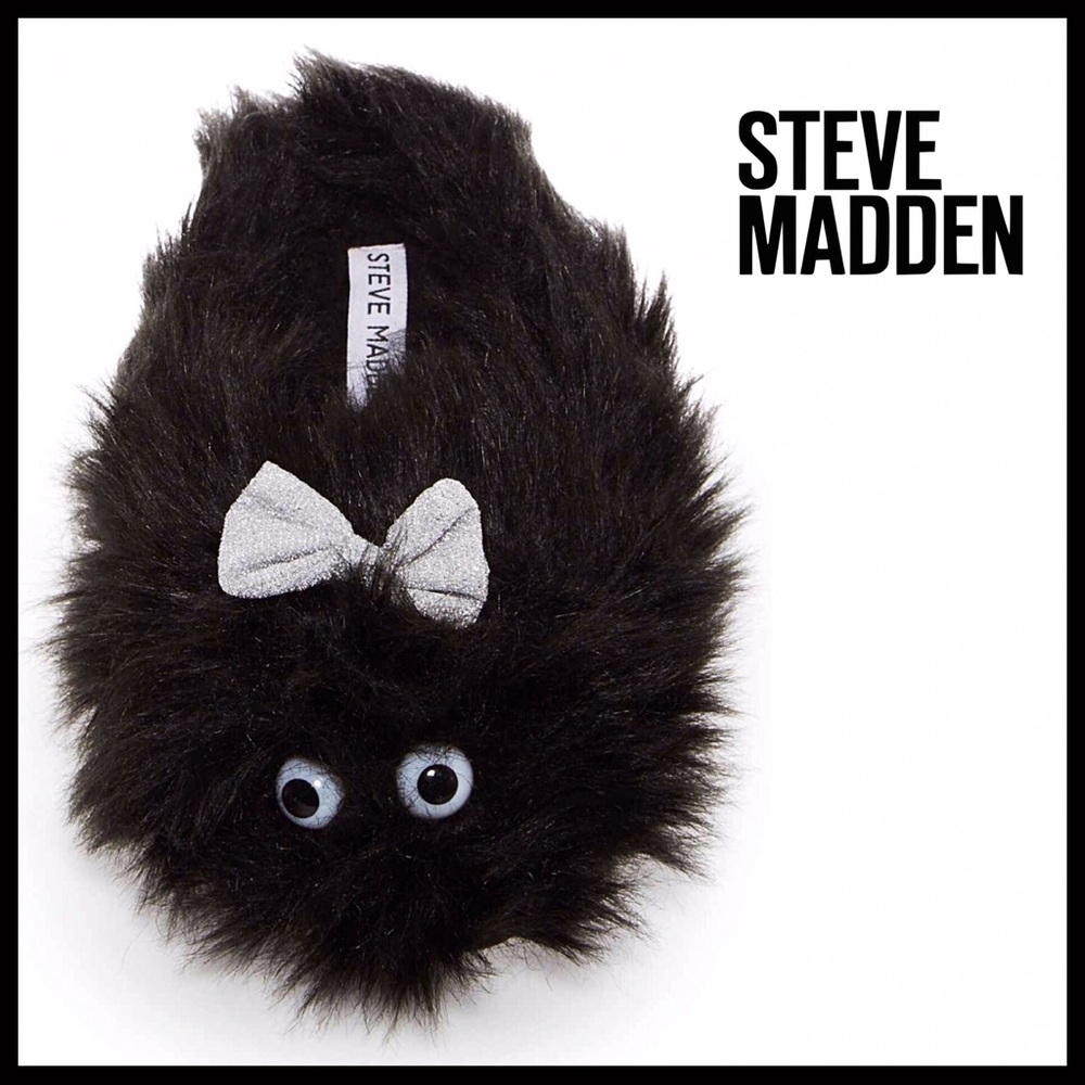 STEVE MADDEN COZY PLUSH BLACK WINTER SLIPPERS FAUX FUR METALLIC SILVER BOWS - Picture 7 of 7